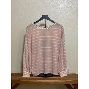 BIBI Pink Stripe Balloon Sleeve Crewneck Sweatshirt Top‎ Women's